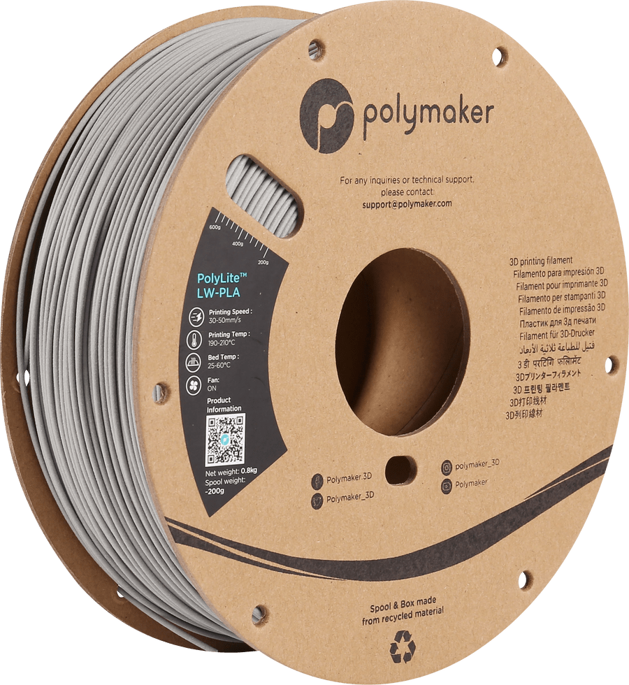 Polymaker Filament Grey / 800g / 1.75mm PolyLite Lightweight PLA