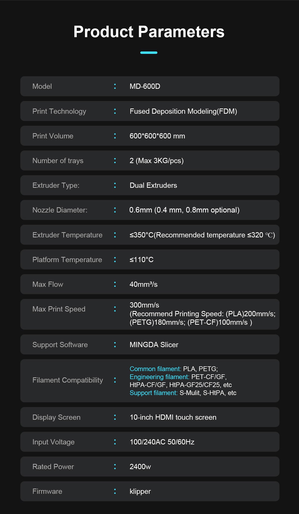 Mingda MD-600D Industrial 3D Printer with 600mm Build Volume